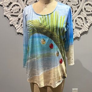 Vintage Sun Bay top tropical Christmas Scenic Palm tree Print XL excellent